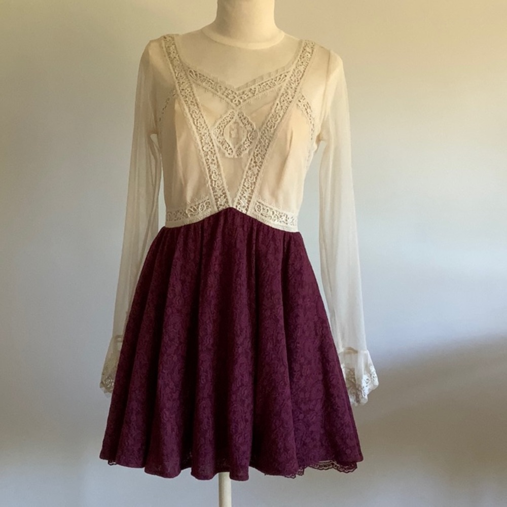Free People Cream and Maroon Lace Dress size 2